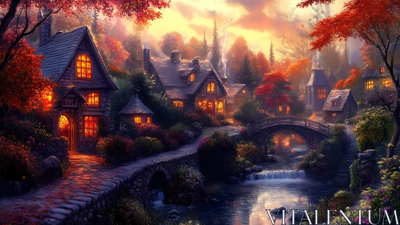 Glowing river cottages bask in a tranquil autumn twilight glow