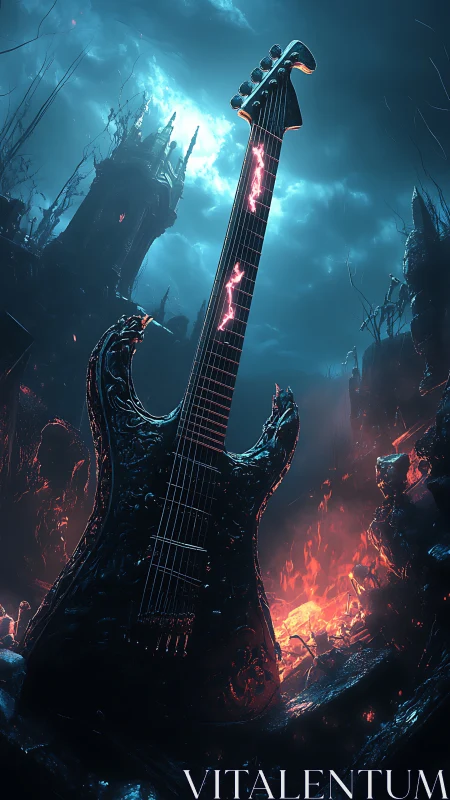 Demonic black electric guitar in molten infernal landscape
