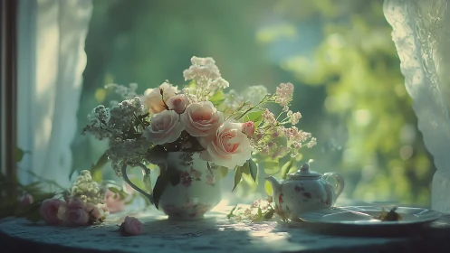 Soft morning light on roses in porcelain teapot still life.