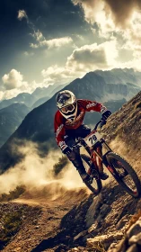 Mountain biker descending dusty alpine singletrack trail.