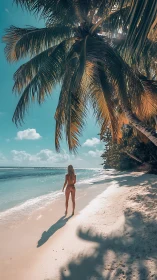 Turquoise Reverie: Where Sand Meets Sky Beneath Palm Cathedrals.