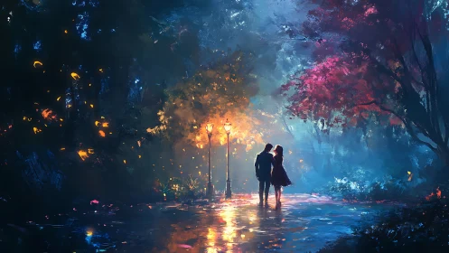 Two figures stand illuminated by street lamps in a colorful atmospheric pathway