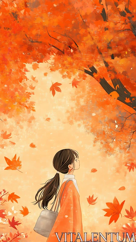 Girl in orange coat under autumn foliage in profile view.