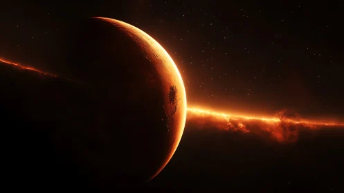 Glowing red planet with bright orbital light in space.