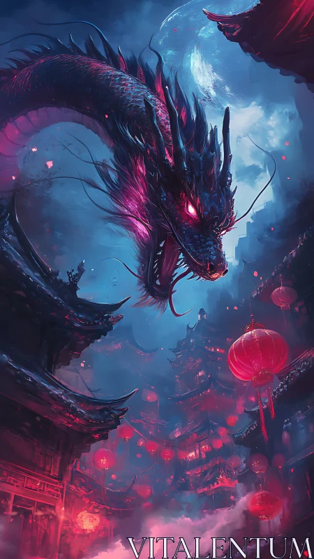 Luminous moonlit dragon coils above neon-lit pagoda city.