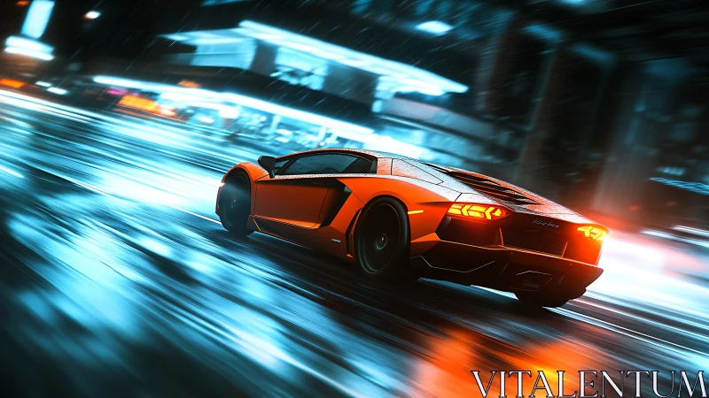 Orange supercar cuts neon-soaked streets in heavy rain.