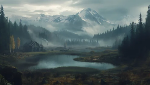 Fog-laden alpine lake with timber cabin and conifer forest