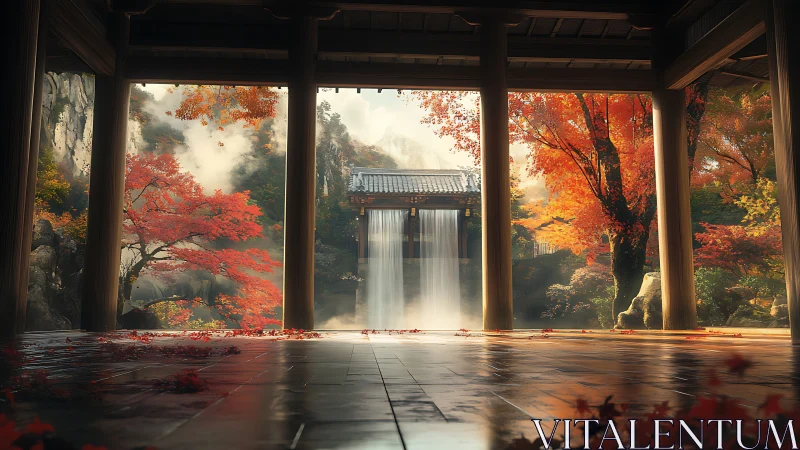 Temple veranda overlooks autumn waterfall and red foliage