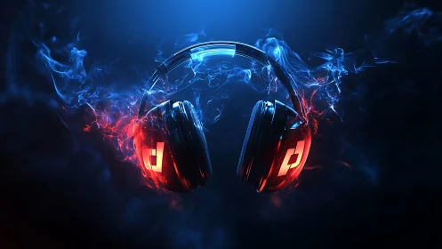 Glowing gaming headphones with red blue smoke effects.