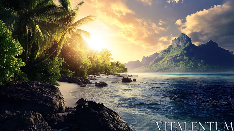 Tropical Coastal Landscape with Mountain and Sunrise