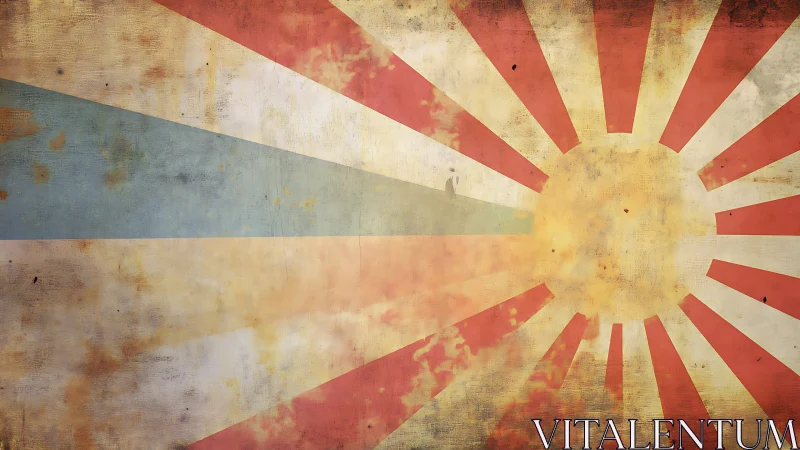 Grungy radial sunburst graphic overlays faded landscape scene