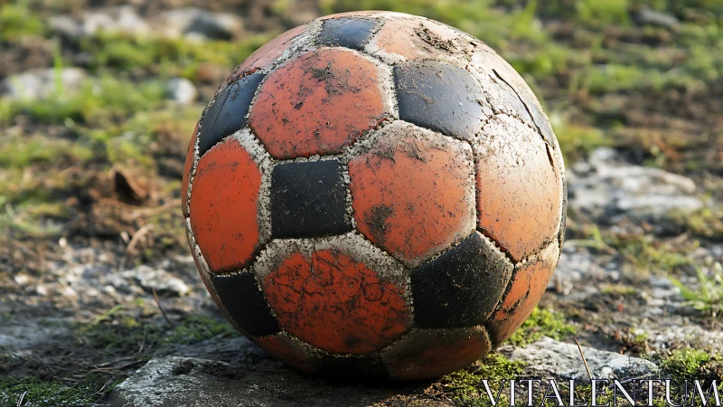 Weathered orange soccer ball resting on rough ground.