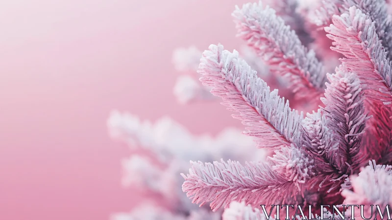 Soft frosted pine branches glow gently in rosy winter light