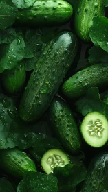 Whole and sliced cucumbers with leaves in close-up view.