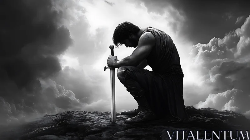 Warrior kneels with sword under stormy sky in grayscale