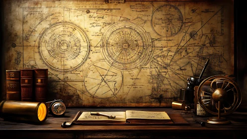 Antique astronomer’s desk glows with charts of celestial orbits