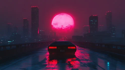 Retro car on wet highway under large neon pink moon.