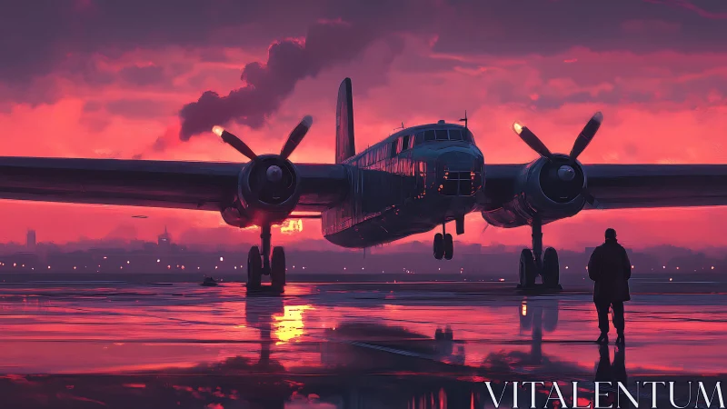 Twin engine propeller airliner at sunset on wet runway