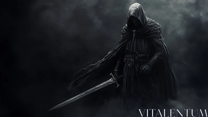 Hooded dark knight emerges from fog with drawn greatsword