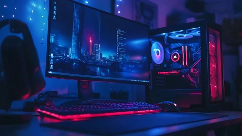 RGB gaming PC setup with ultrawide monitor at night.