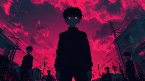 Backlit anime figures under magenta storm sky with extreme contrast