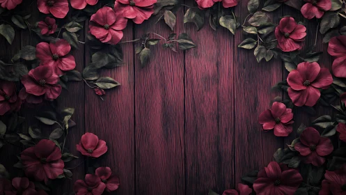 Crimson Blooms on Weathered Wood.