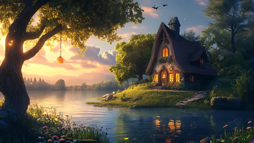 Golden lakeside cottage glows warmly under an enchanted dusk