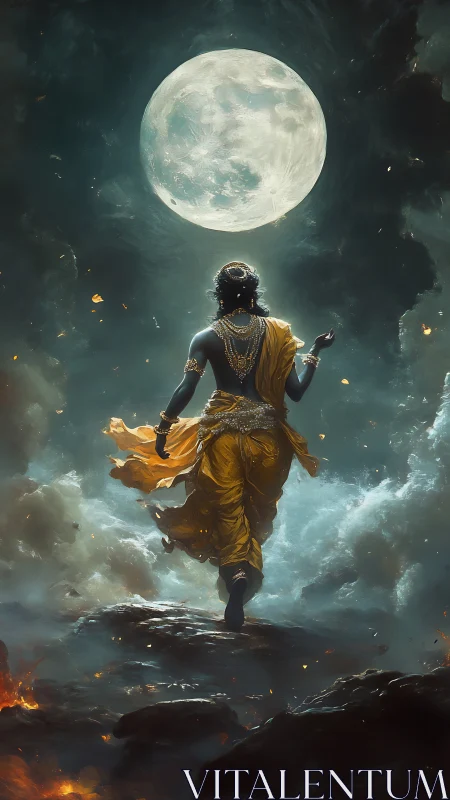 Figure in ornate robes walking toward full moonlit sky.