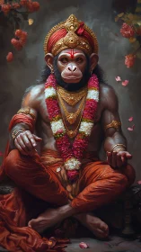 Digital painting of simian deity in ornate seated composition.