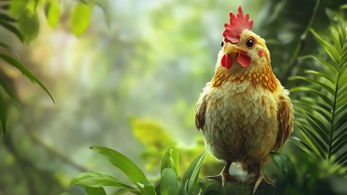 Lifelike Chicken in Lush Green Jungle, Digital Art Illustration.