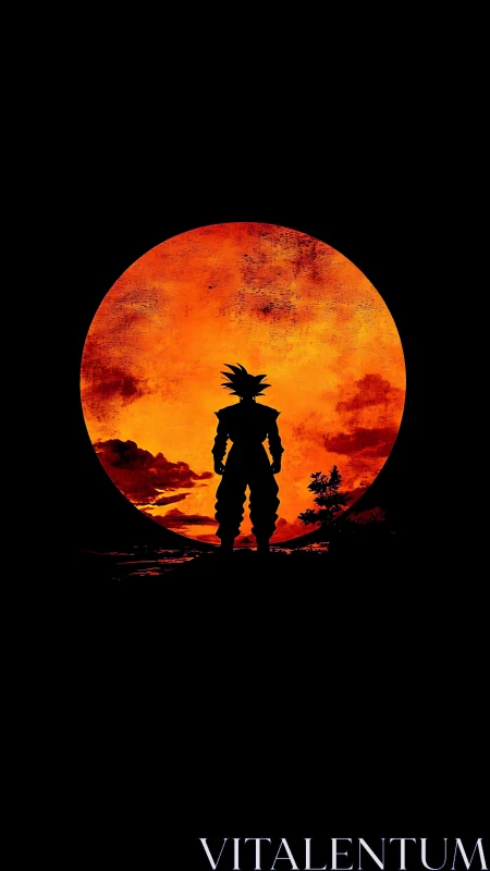 Lone warrior silhouette framed by a blazing sunset moon.