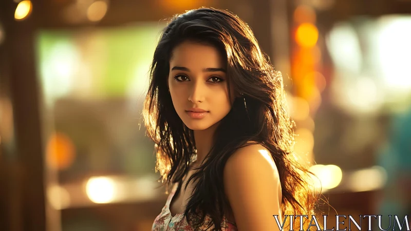 Sunlit portrait of young woman in warm bokeh ambiance.