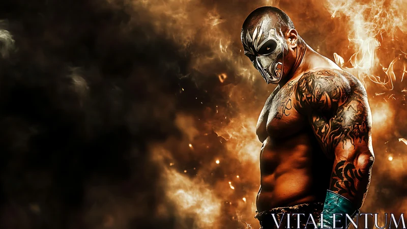 Armored masked fighter amid combustive particulate vortex field.