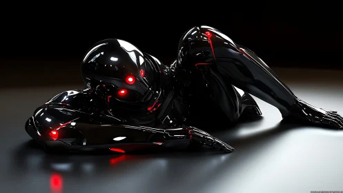 Gleaming chrome android rests softly in a pool of light