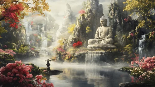 Monumental Buddha amid misted waterfalls and chromatic flora.