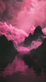 Pink illuminated clouds surround dark mountains above water