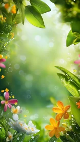 Lush dewy garden blooms frame a glowing spring morning.