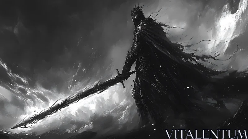 Dark armored figure with sword in monochrome storm landscape.