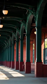 Sunlit brick arcade with graceful green columns and lamps.