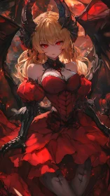 Crimson demon queen in lava-lit gothic regalia artwork.