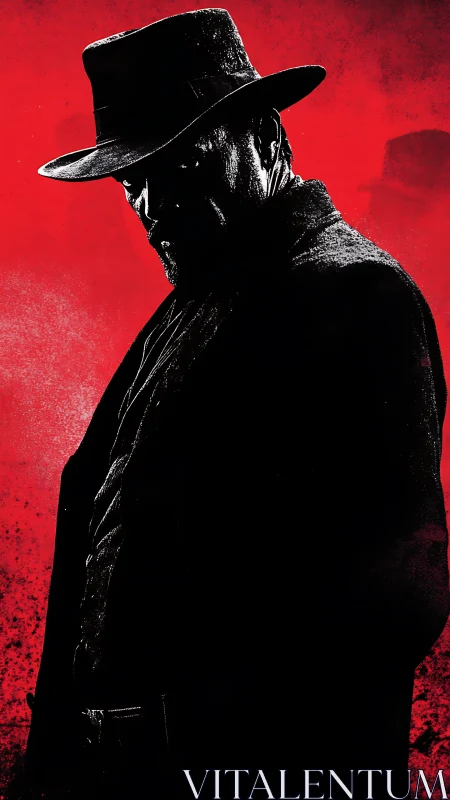 Dark cowboy silhouette against bold red textured backdrop.