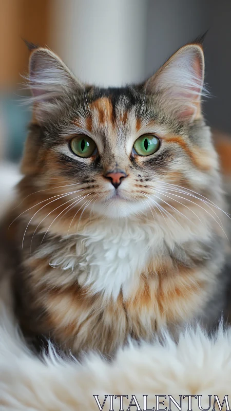 Tabby cat with striking green eyes displaying multicolored coat patterns.