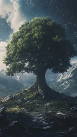 Lone world-tree crowned in stormlit, emerald mountain silence.