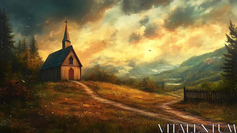 Sunlit chapel watches a storm-touched mountain valley sky.