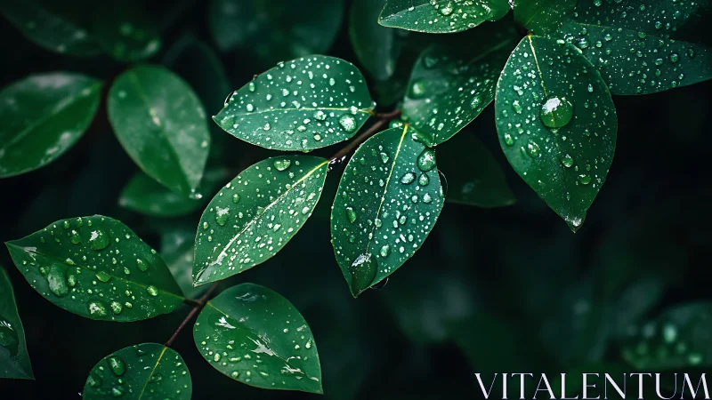 Rain-kissed green leaves glowing softly after a storm.