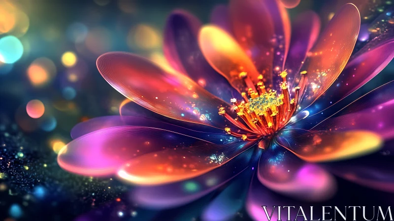 Multicolored digital flower with luminous abstract bokeh background.