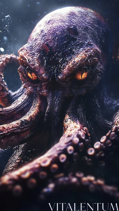 Brooding deep sea octopus with glowing ember-bright eyes.