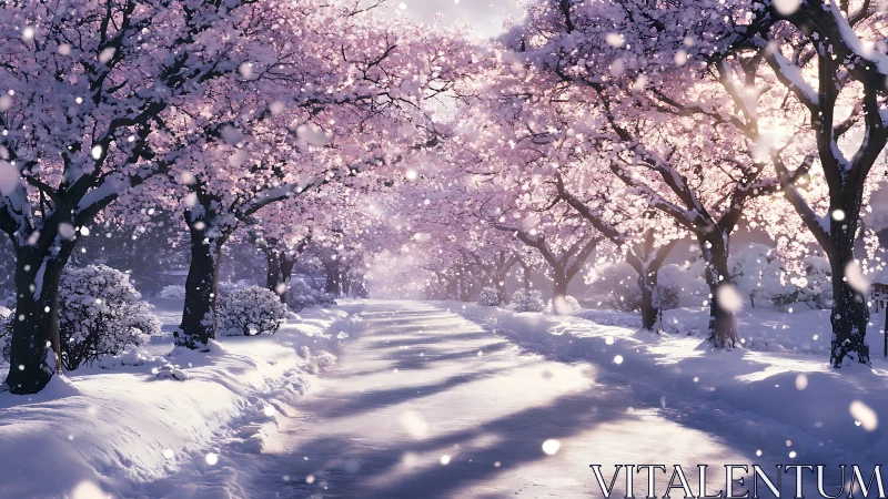 Winter-sparked cherry blossoms drift along a glowing lane