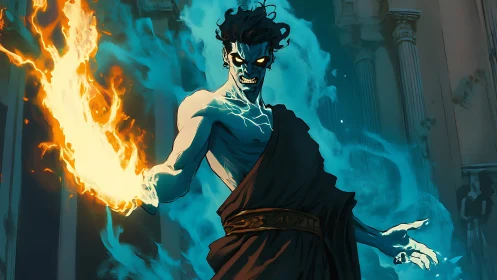 Storm-eyed fire mage striding through ancient blue flames.