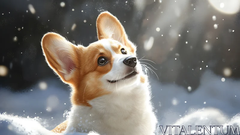 Corgi gazes upward in soft winter light and drifting snow